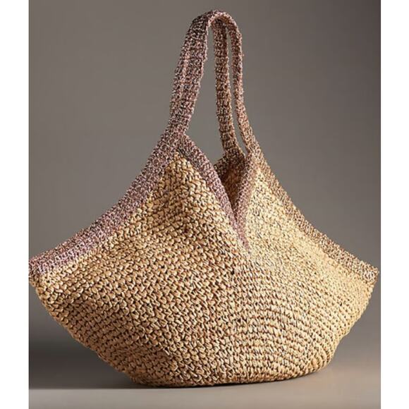 Anthropologie Tipped Angular Jute Summer Bag Straw Metallic Large Beach Bag - Picture 1 of 9